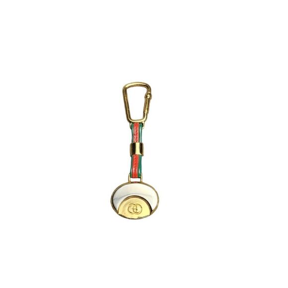 Vtg 80's Gucci Silver & Gold Medallion Green And Red Leather Keychain - Picture 1 of 6